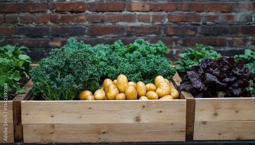 Fresh potatoes, kale, and lettuce in raised garden beds against brick wall.