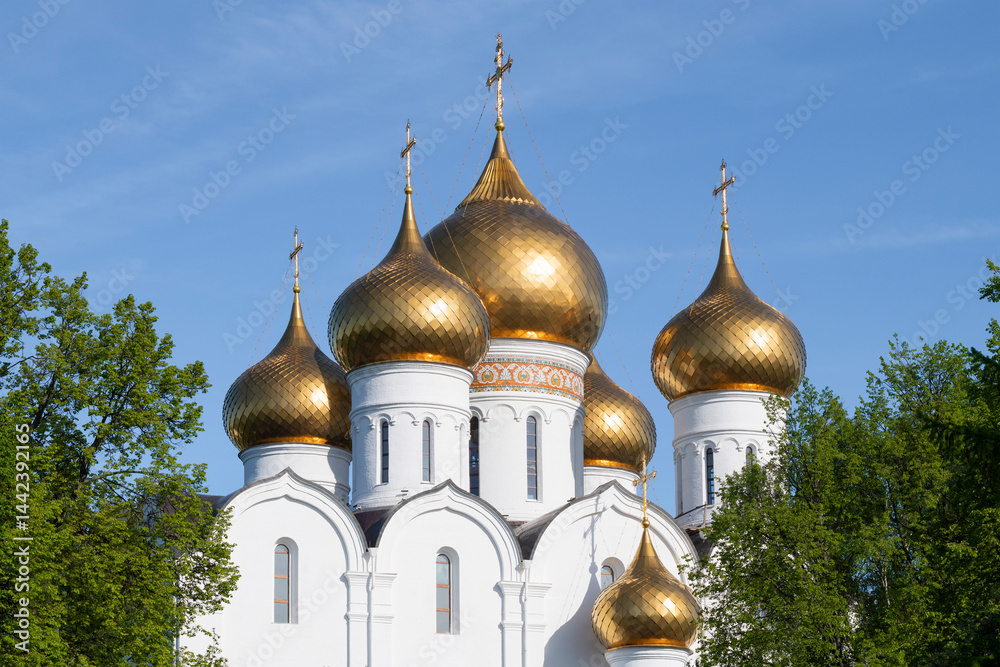 View of the domes of the Dormition Cathedral on a sunny May day. Yaroslavl, Golden Ring of Russia