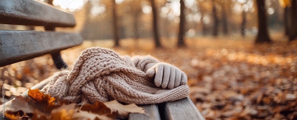 Knitted gloves and scarf rest on a park bench surrounded by autumn leaves.