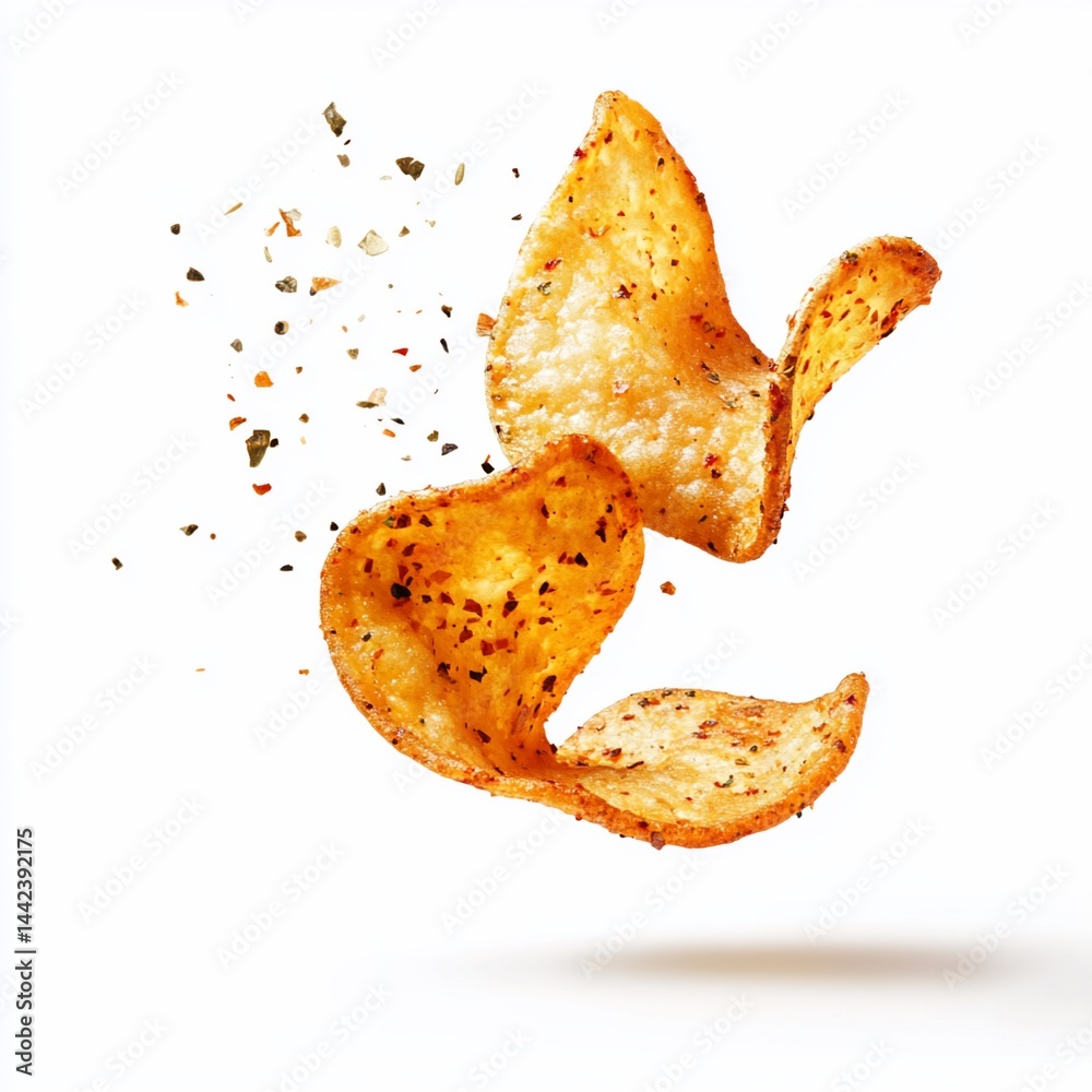 Two crispy potato chips with spices flying in the air, isolated on white background.