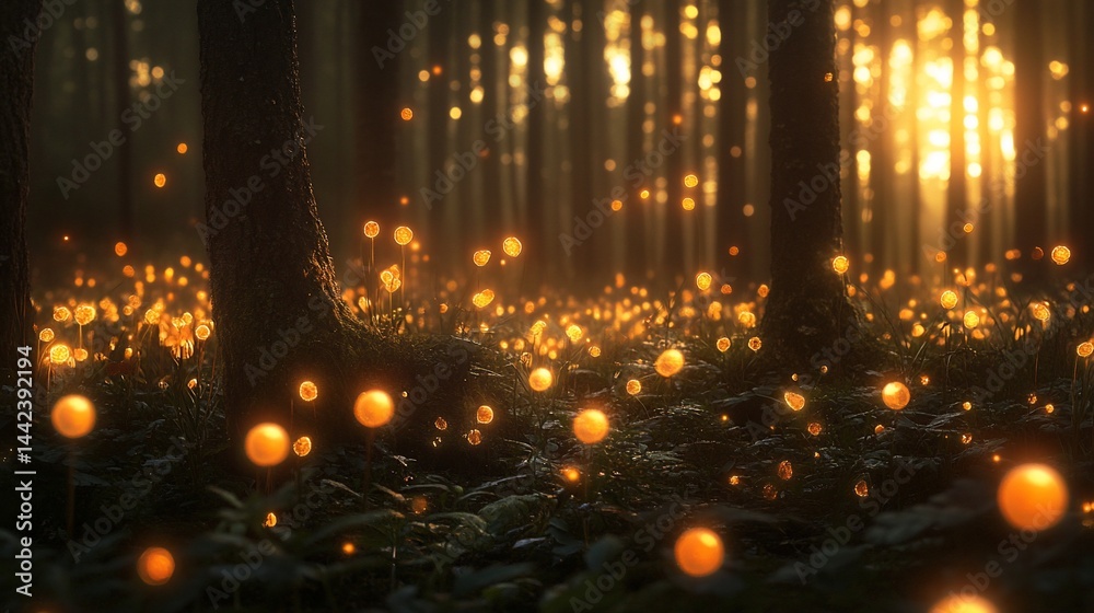 Magical sunset in enchanted forest with glowing flora.