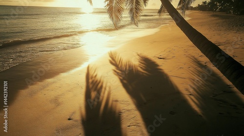 Obraz na płótnie Golden sunset casts palm tree shadows on a tranquil beach. w salonie