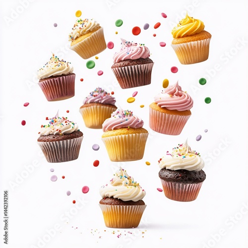 Obraz na płótnie Assorted colorful cupcakes with sprinkles levitating against a white background. w salonie