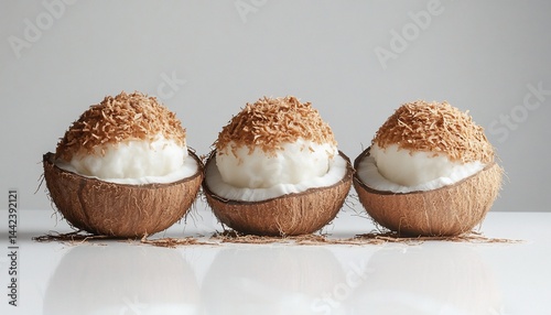 Obraz na płótnie Three coconut halves filled with creamy ice cream, topped with shredded coconut. w salonie