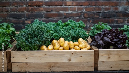 Obraz na płótnie Fresh potatoes, kale, and lettuce in raised garden beds against brick wall. w salonie