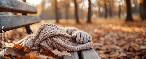 Knitted gloves and scarf rest on a park bench surrounded by autumn leaves.