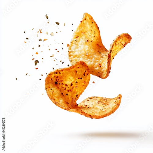Obraz na płótnie Two crispy potato chips with spices flying in the air, isolated on white background. w salonie