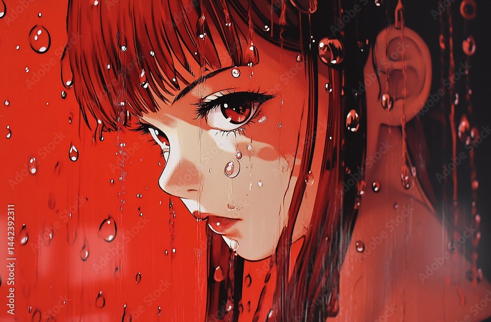 Anime girl with red hair in the rain.