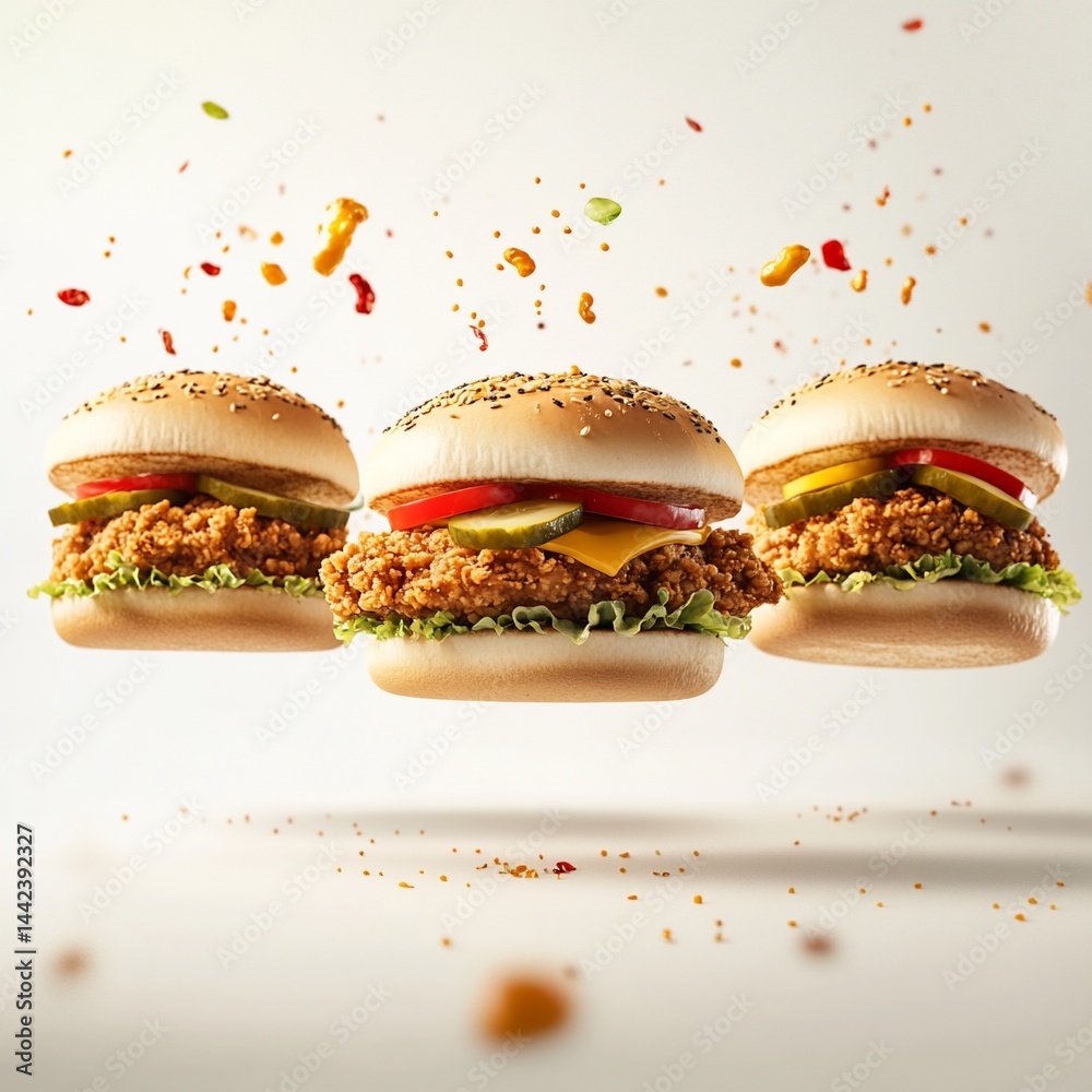 Three delicious crispy chicken burgers levitating with sauce splashes.