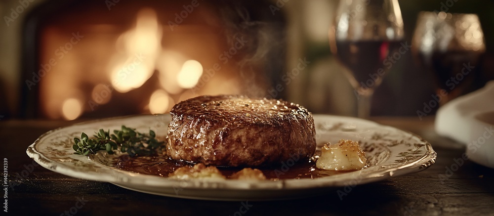 Juicy steak on plate with sauce, herbs, and blurred background of fireplace and wine glasses.