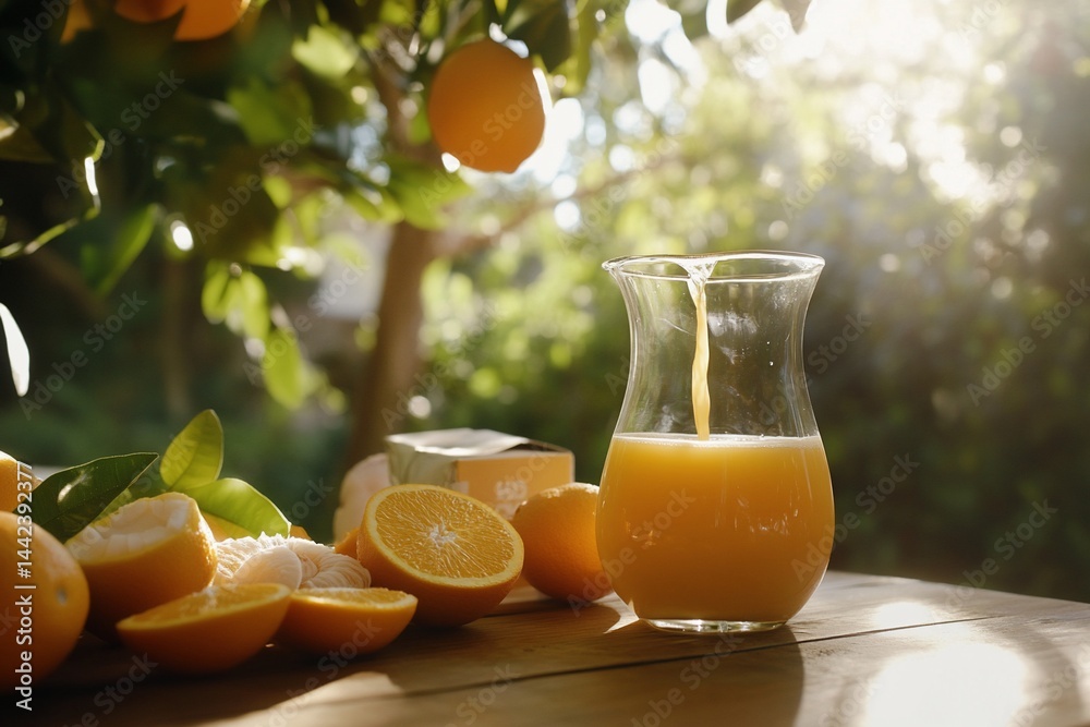 Fresh orange juice pouring into a glass pitcher on a wooden table outdoors, surrounded by oranges and citrus leaves.