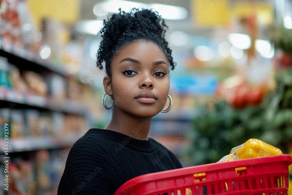 Young woman with shopping basket in supermarket aisle.