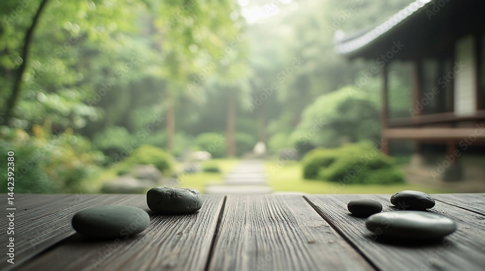 Smooth grey stones on wooden surface, serene Asian garden background.