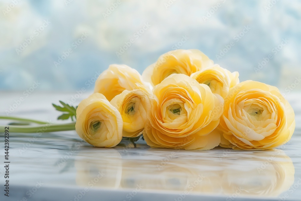 Close-up of a bouquet of pale yellow ranunculus flowers on a marble surface against a blurred blue background.