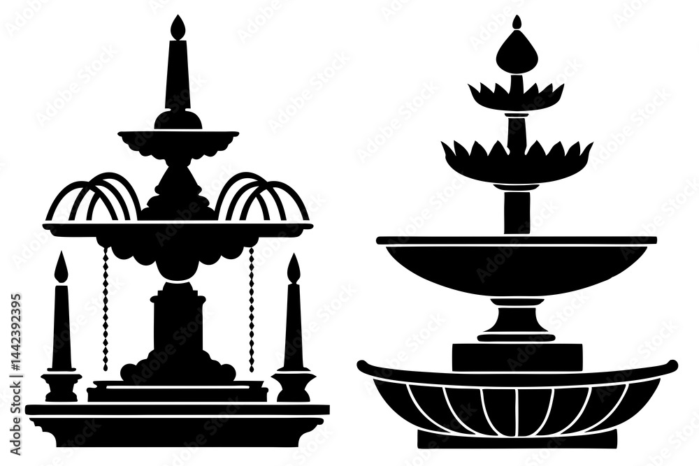 set of Fountain vector silhouette illustration isolated on white background set of Fountain vector silhouette illustration isolated on white background
