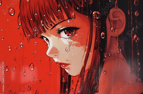 Obraz na płótnie Anime girl with red hair in the rain. w salonie