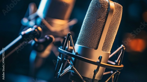 Close-up of two professional microphones in a recording studio.