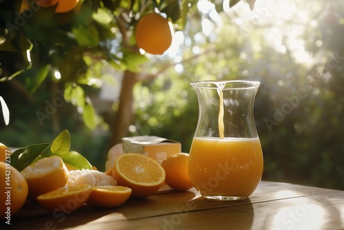 Fresh orange juice pouring into a glass pitcher on a wooden table outdoors, surrounded by oranges and citrus leaves.