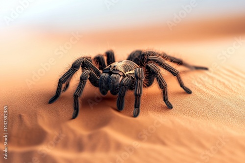 Close-up of a large, hairy spider on sand dunes.