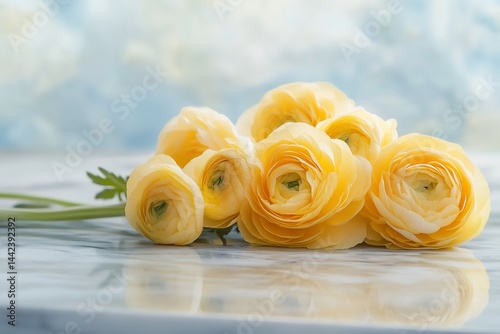Obraz na płótnie Close-up of a bouquet of pale yellow ranunculus flowers on a marble surface against a blurred blue background. w salonie