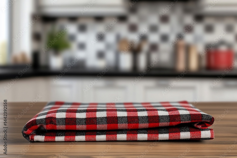 Red and black checkered tablecloth neatly folded on a wooden kitchen counter. Blurred kitchen background.