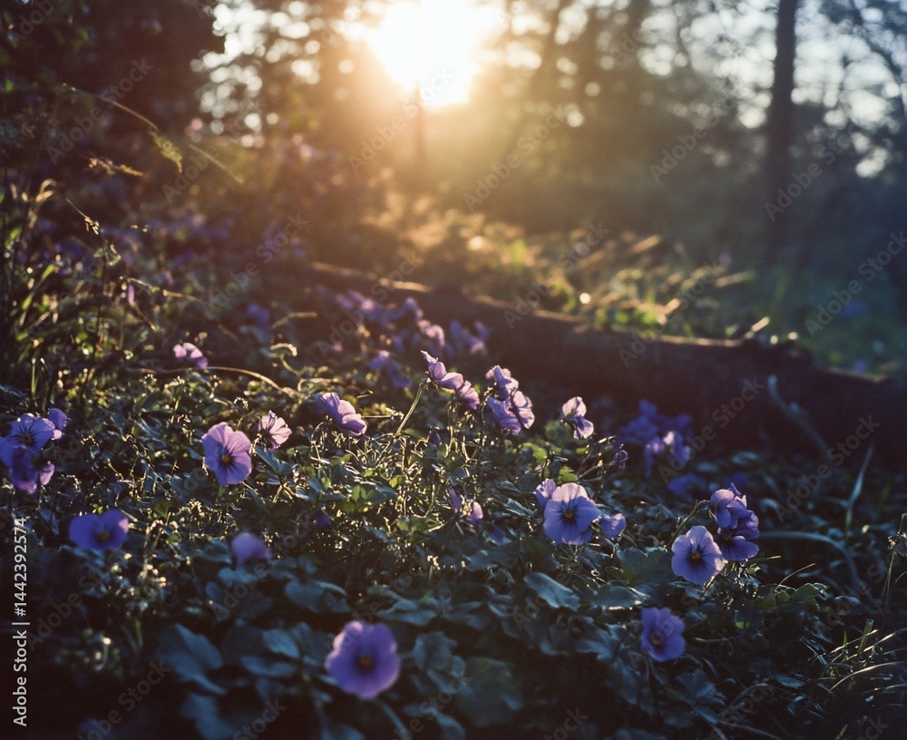 Sunset illuminating a field of purple wildflowers.