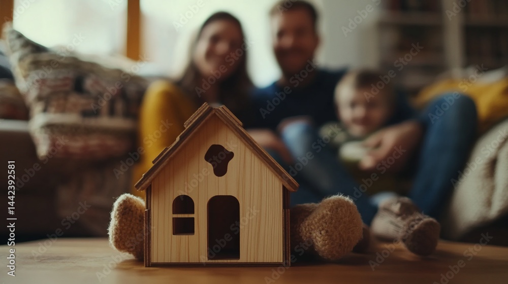 Wooden house model in focus with blurred family on couch in background.