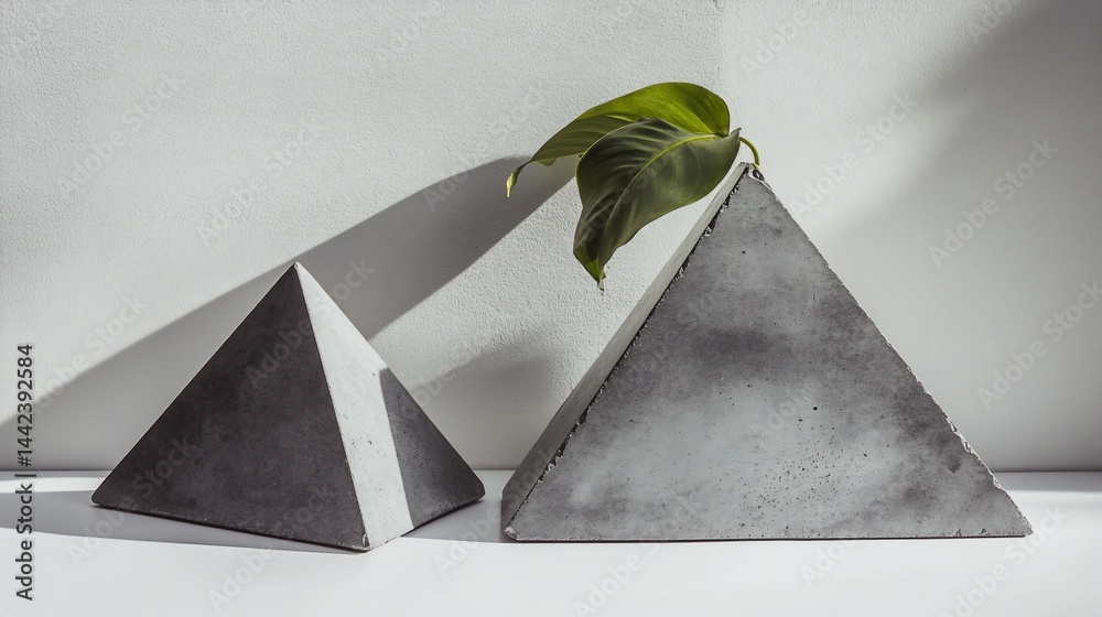Two grey concrete pyramids, one smaller with a white stripe, the other larger with a single green leaf atop, sit on a white surface against a white wall with shadows.
