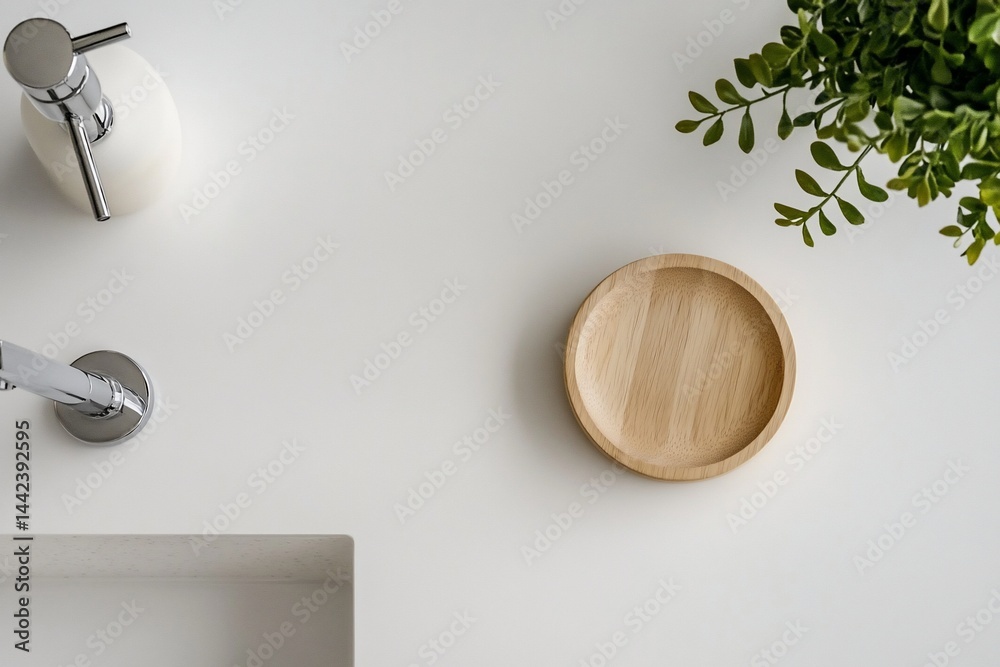 Overhead view of minimalist bathroom sink with soap dispenser, wooden tray, and plant.