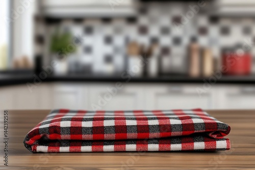Obraz na płótnie Red and black checkered tablecloth neatly folded on a wooden kitchen counter. Blurred kitchen background. w salonie