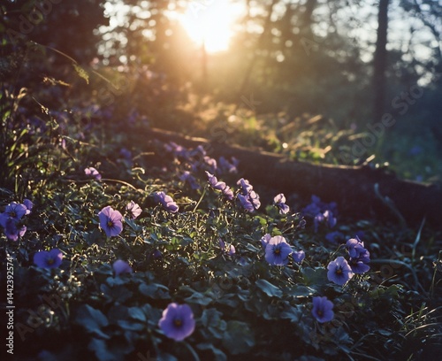 Obraz na płótnie Sunset illuminating a field of purple wildflowers. w salonie