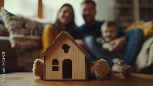 Obraz na płótnie Wooden house model in focus with blurred family on couch in background. w salonie