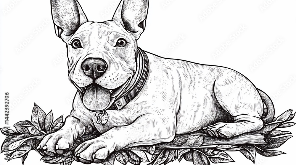 Happy Bull Terrier dog lying down on leaves, black and white line art illustration.