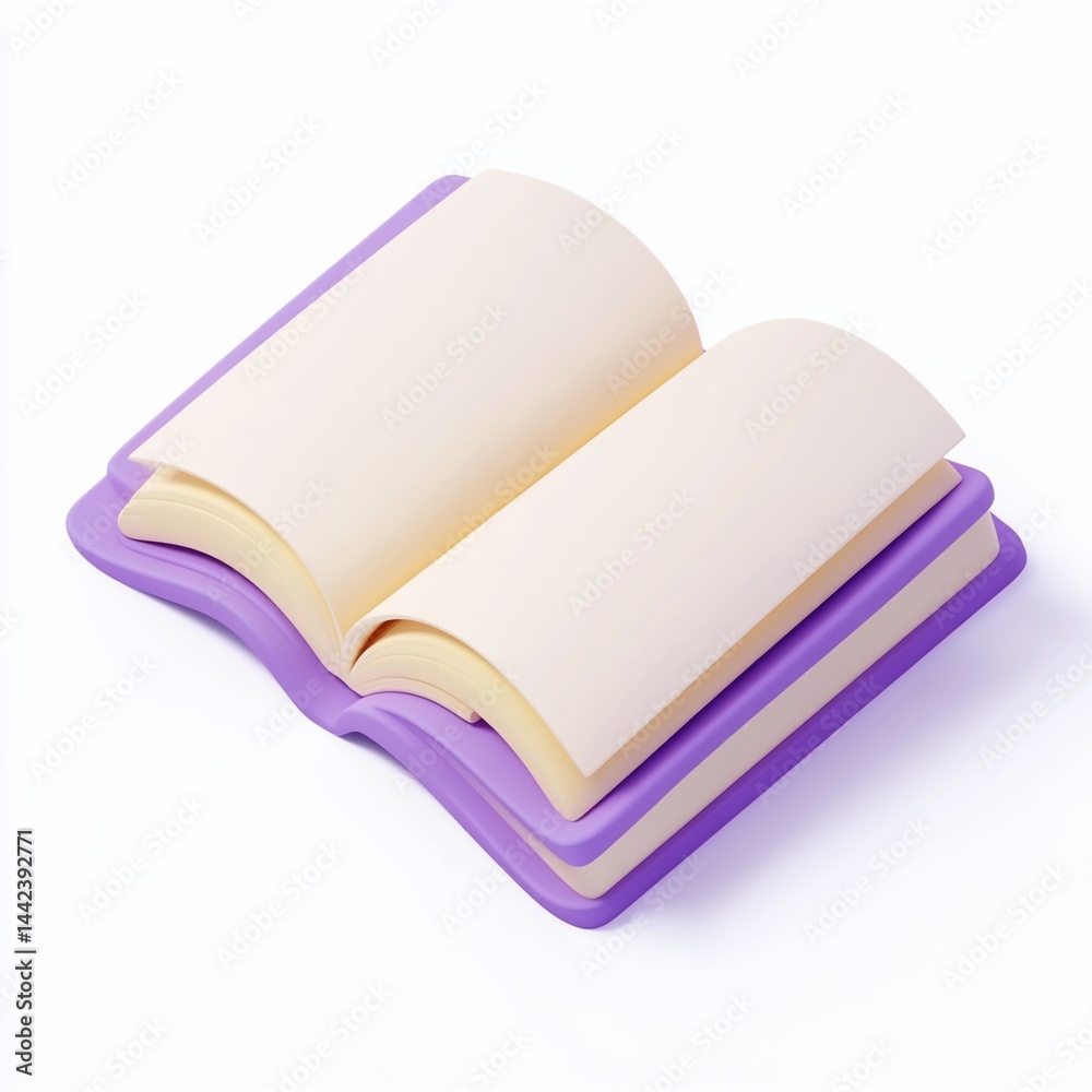 Open purple book with blank pages, 3D render.