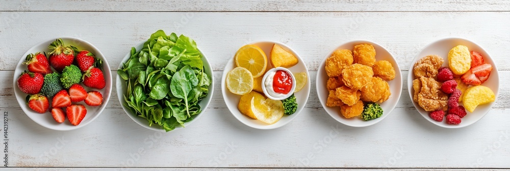 Five bowls of healthy and unhealthy food. Strawberries, broccoli, lettuce, lemon, pineapple, breaded chicken nuggets, and raspberry.