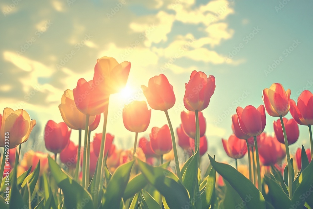 Low angle view of vibrant red and yellow tulips in a field, backlit by the sun.