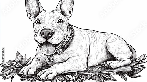 Obraz na płótnie Happy Bull Terrier dog lying down on leaves, black and white line art illustration. w salonie