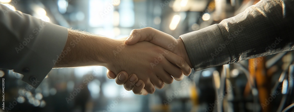 Close-up of a handshake between two business people in a factory setting.