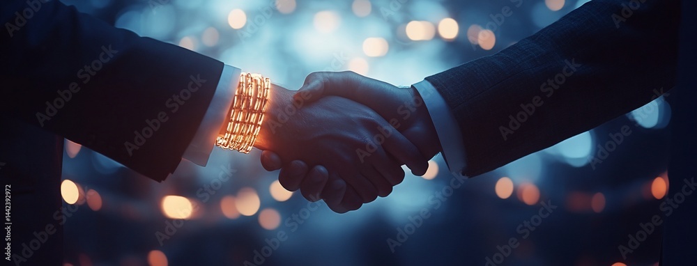 Two businessmen shaking hands, glowing bracelet, dark background.