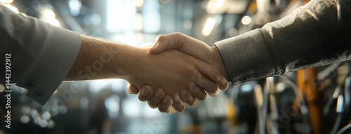 Obraz na płótnie Close-up of a handshake between two business people in a factory setting. w salonie
