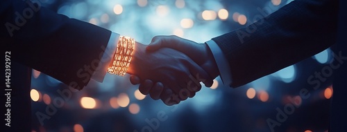 Two businessmen shaking hands, glowing bracelet, dark background.