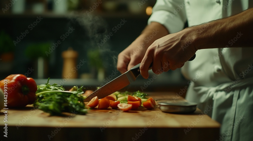 Close-up of chef's hands slicing vegetables on wooden cutting board in kitchen.