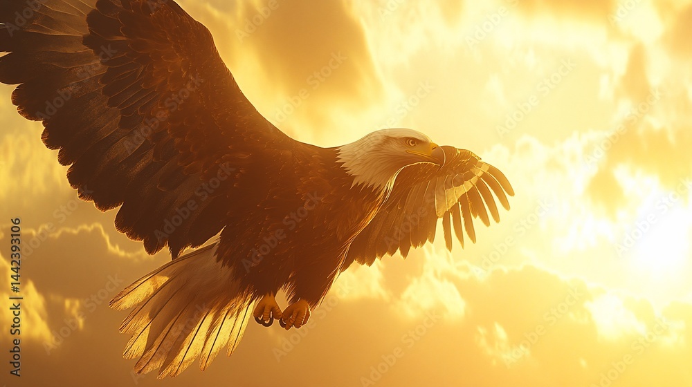 Majestic bald eagle in flight against a vibrant sunset sky.