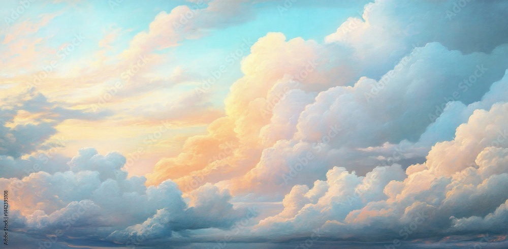 Pastel sunset cloudscape, soft fluffy clouds illuminated by warm light.
