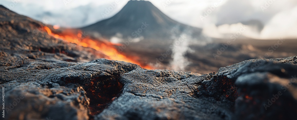 Close-up of volcanic rock with glowing lava and a volcano in the background.