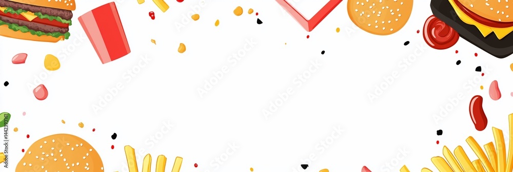 Fast food banner with burgers, fries, and drinks.