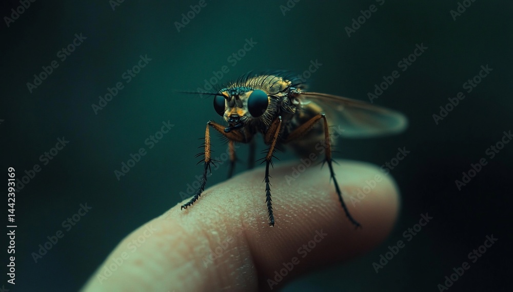 Close-up of a fly perched on a fingertip against a blurred green background.