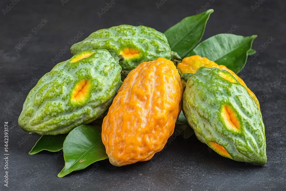Close-up of four ripe and unripe cacao pods with green leaves on dark background.
