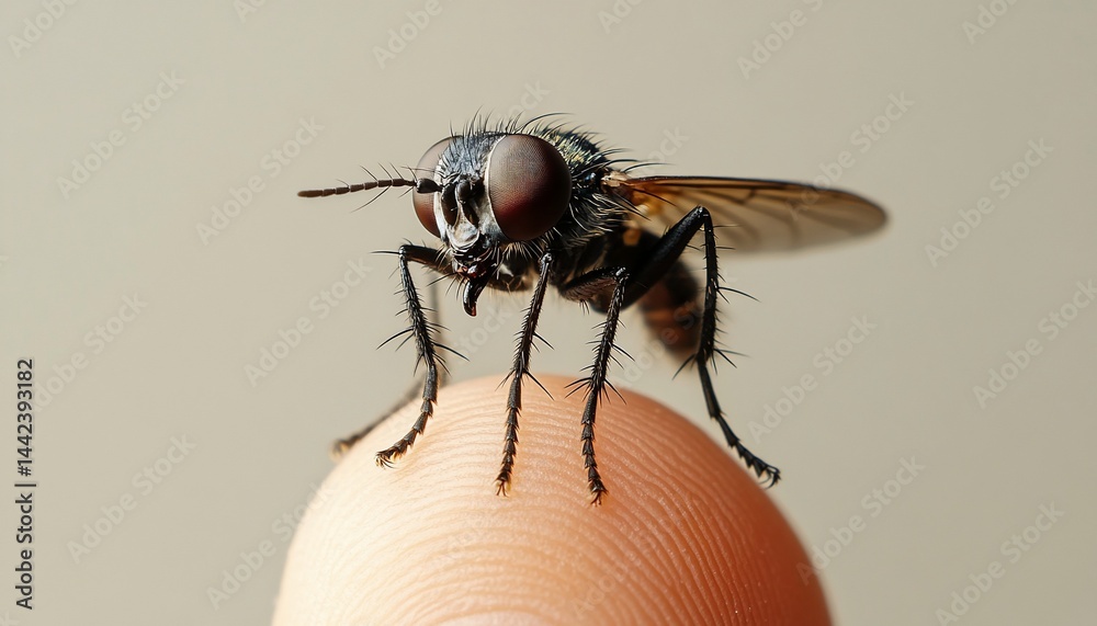 Close-up of a fly perched on a fingertip. (1)