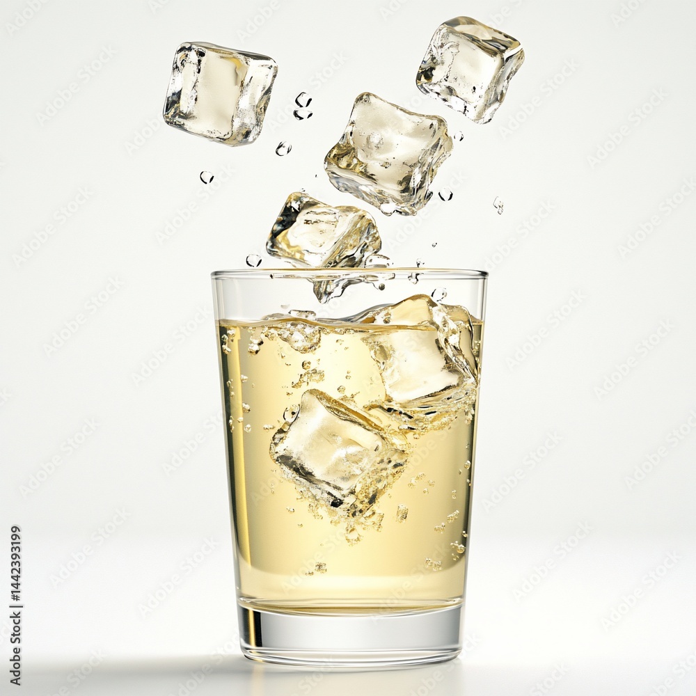 Sparkling water with ice cubes falling into a glass.